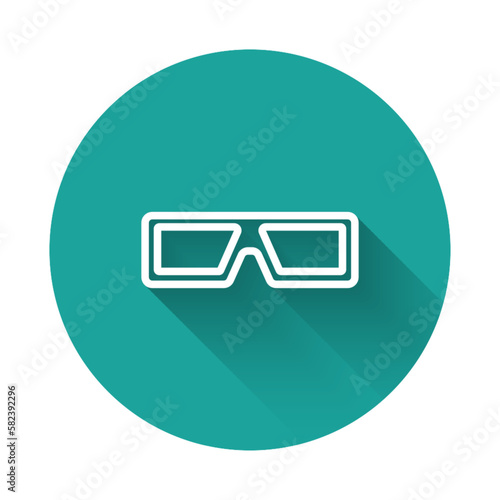 White line 3D cinema glasses icon isolated with long shadow. Green circle button. Vector