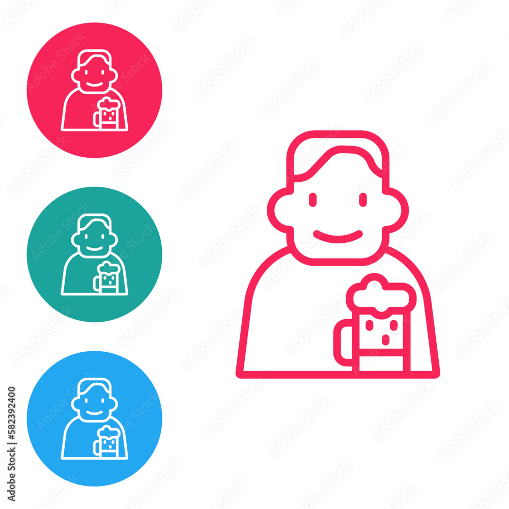 Fototapeta premium Red line Happy man with beer icon isolated on white background. Set icons in circle buttons. Vector