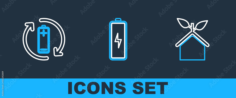 Set line Eco friendly house, Battery with recycle and icon. Vector Set line Eco friendly house, Battery with recycle and icon. Vector