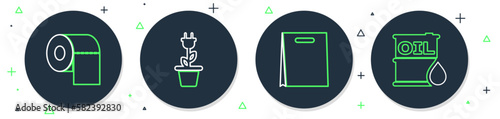 Set line Electric saving plug in pot, Shopping bag, Toilet paper roll and Oil barrel icon. Vector