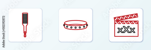 Set line Movie clapper with Sex, Spanking paddle and Leather fetish collar icon. Vector
