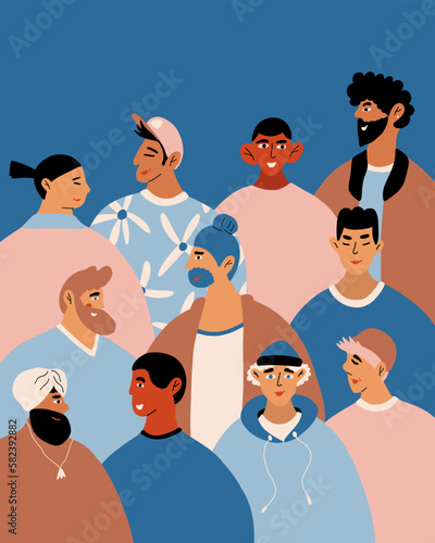 Crowd of diverse man in modern trendy outfits. Group of casual funny multinational young people. Colorful male background in cartoon style. Vector card International Father s Day.