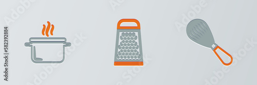 Set line Kitchen whisk, Cooking pot and Grater icon. Vector