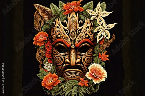 aloha ethnic bone tiki mask head god with flowers in hawaii, created with generative ai