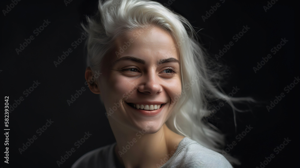 portrait of a smiling happy young woman on black background, generative ai