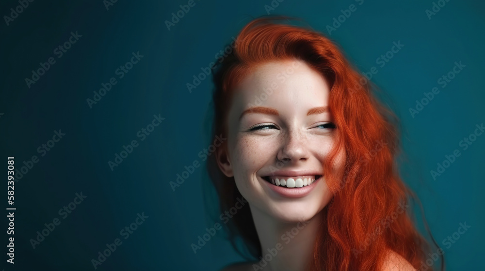 Fototapeta premium portrait of a smiling happy young woman on blue background, generative ai