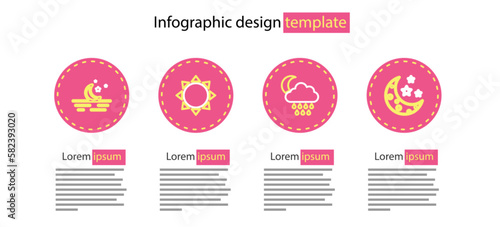 Set line Cloud with rain and moon, Moon stars, Sun and icon. Vector