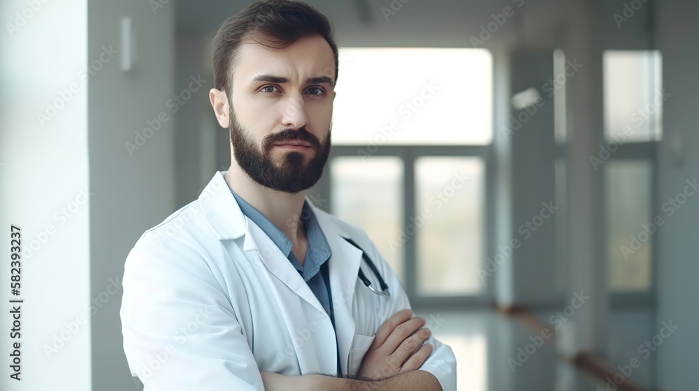 Fototapeta premium confident handsome doctor in hospital, generative ai