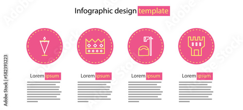 Set line Executioner axe in tree block, Castle tower, King crown and Medieval flag icon. Vector