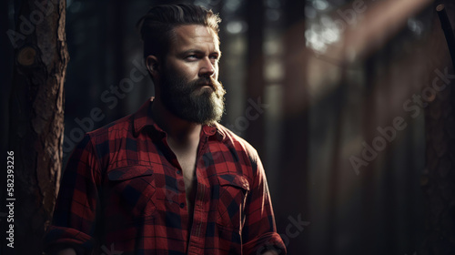 portrait of a handsome confident lumberjack in the forest, generative ai photo