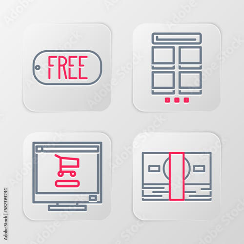 Set line Stacks paper money cash, Shopping cart computer, Online shopping mobile and Price tag with text Free icon. Vector