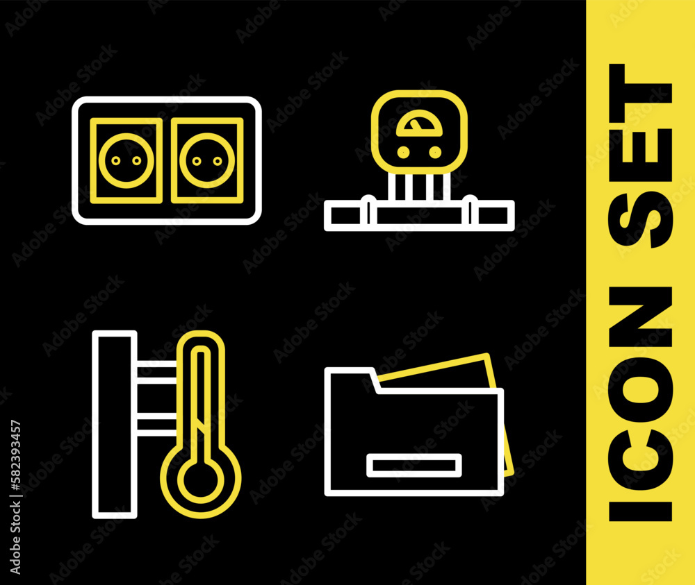 Set line Smart sensor, Printer, Meteorology thermometer and Electrical outlet icon. Vector