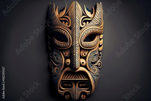 ethnic scandinavian tiki mask made of light wood on dark background, created with generative ai