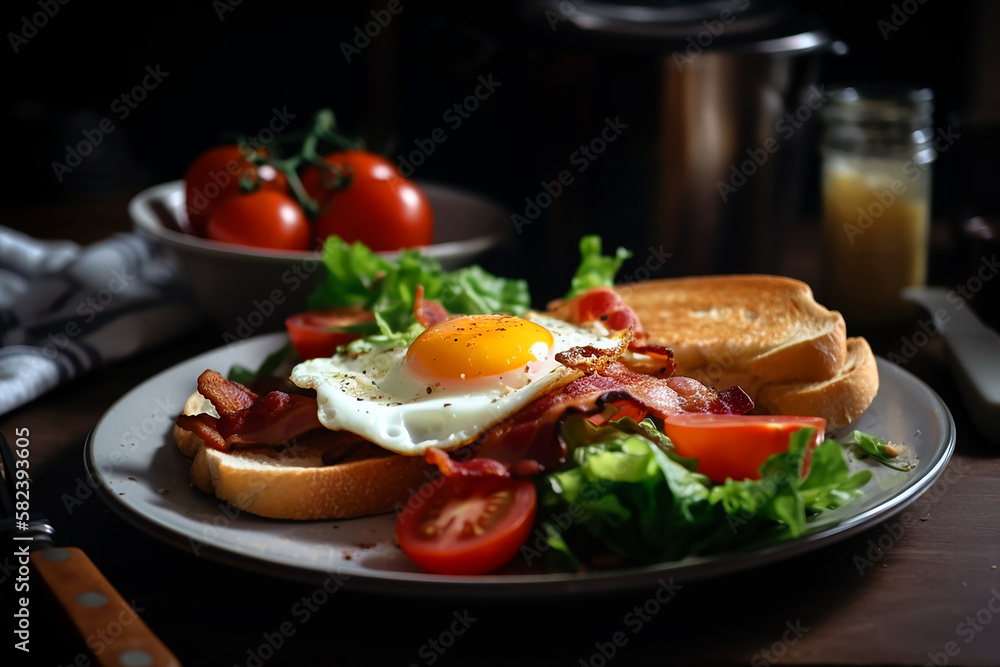 a close up shot of a plate of delicious blt bacon lettuce, tomatoe and eggs. Generative AI	