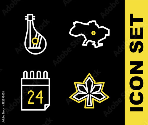 Set line Map of Ukraine, Chestnut leaf, Independence day and Bandura icon. Vector