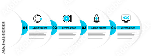 Set line Christian fish, Church bell, Dharma wheel and Star and crescent icon. Vector