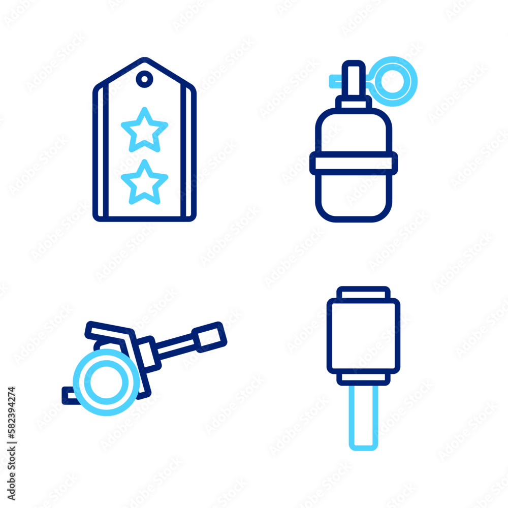 Set line Anti-tank hand grenade, Howitzer, Hand and Military rank icon. Vector Set line Anti-tank hand grenade, Howitzer, Hand and Military rank icon. Vector