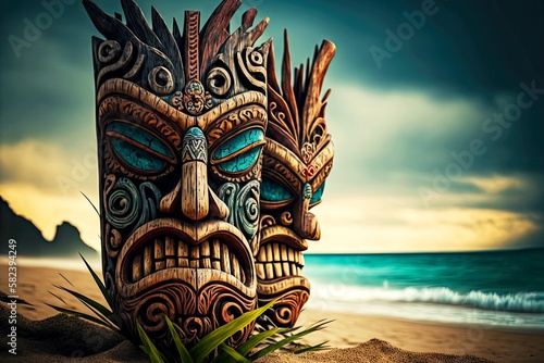 hawaiian wooden totems tiki mask on seashore, created with generative ai