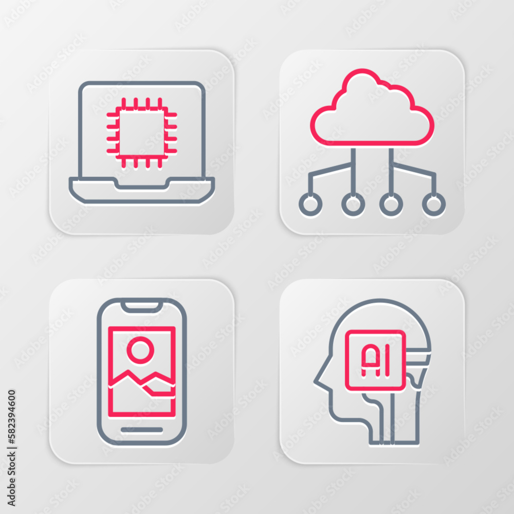 Set line Humanoid robot, Mobile phone, Network cloud connection and Processor CPU icon. Vector Set line Humanoid robot, Mobile phone, Network cloud connection and Processor CPU icon. Vector