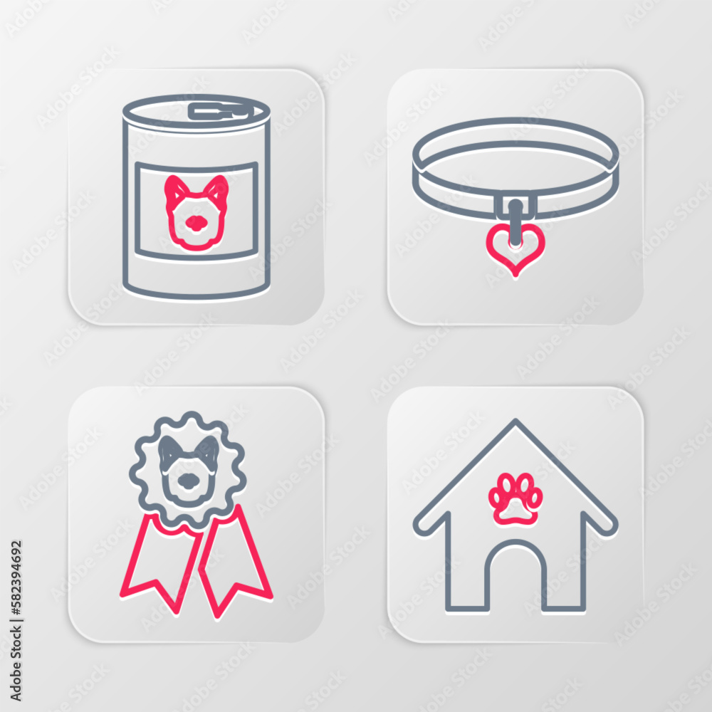 Set line Dog house and paw print pet, award symbol, Collar heart and Canned food for dog icon. Vector