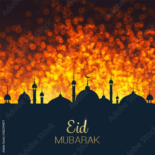Ramadan Kareem or Eid Mubarak - Best Wishes Greeting Card Design for Muslim Community Festival with Golden Firery Lights in the Sky Above Artistic Mosque Silhouettes in the Dark Night