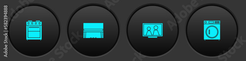 Set Oven, Grand piano, Picture frame on table and Washer icon. Vector