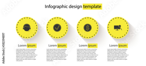 Set Man with a headset, Check mark in circle, Coin money dollar and Computer monitor diagnostics. Business infographic template. Vector