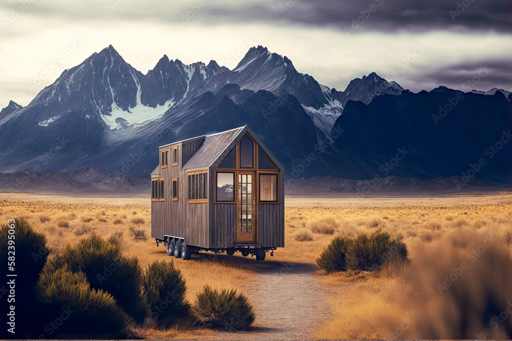 rural wooden grey tiny house on wheels against backdrop of mountain landscape, created with generative ai - obrazy, fototapety, plakaty 