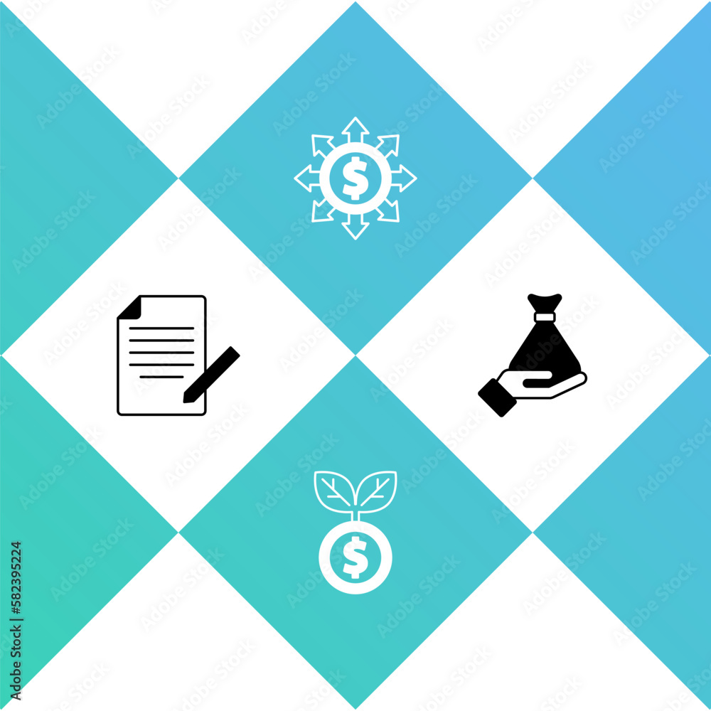 Set Document and pen, Dollar plant, Dollar, share, network and Money in hand icon. Vector Set Document and pen, Dollar plant, Dollar, share, network and Money in hand icon. Vector