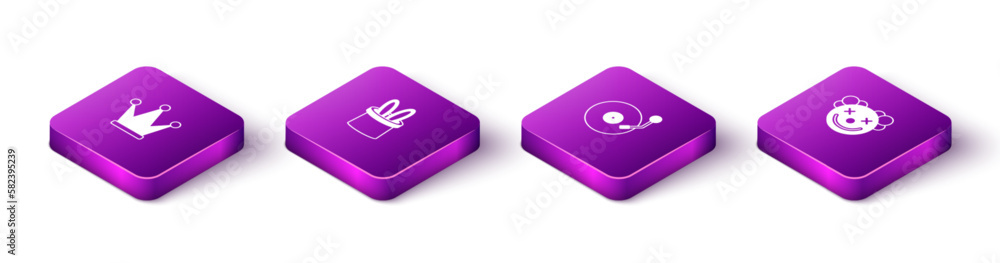 Set Isometric Crown, Magician hat and rabbit ears, Vinyl player with disk and Clown head icon. Vector Set Isometric Crown, Magician hat and rabbit ears, Vinyl player with disk and Clown head icon. Vector
