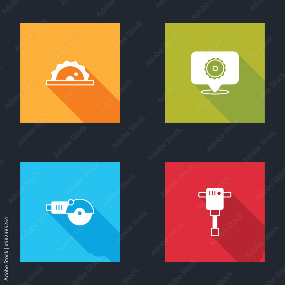 Set Electric circular saw, Circular blade, Angle grinder and Construction jackhammer icon. Vector Set Electric circular saw, Circular blade, Angle grinder and Construction jackhammer icon. Vector