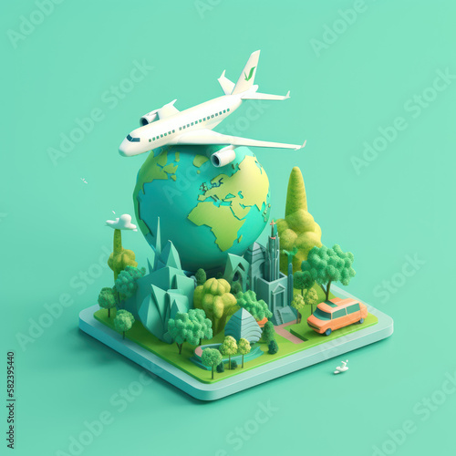 Travel time. Payment for ticket for flight airplane online on phone map blue green background passport Business concept volumetric icons 3d 
