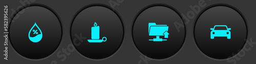 Set Water drop percentage, Burning candle in candlestick, FTP folder upload and Car icon. Vector