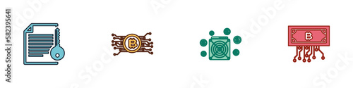 Set Smart contract, Cryptocurrency bitcoin in circuit, ASIC Miner and with icon. Vector