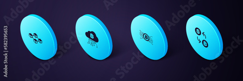Set Isometric Cryptocurrency exchange, bitcoin in circuit, cloud mining and Blockchain technology icon. Vector