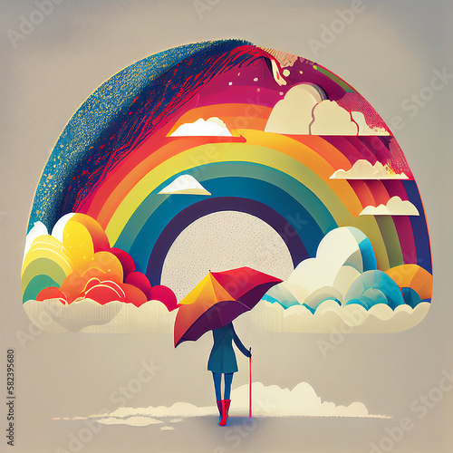 Woman with an umbrella in front of a rainbow, positive optimistic attitude, hope and emotion concept, generative AI