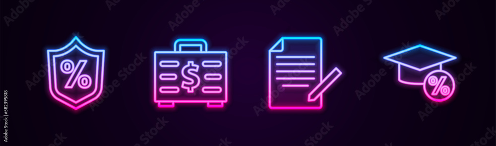 Set line Loan percent, Briefcase and money, Document pen and Graduation cap coin. Glowing neon icon. Vector Set line Loan percent, Briefcase and money, Document pen and Graduation cap coin. Glowing neon icon. Vector