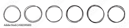 Doodle circles, sketch line frames, vector drawing abstract circle frames and round linear borders on white background