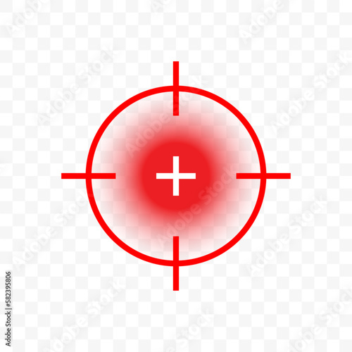 Target spot icon for throat pain or joint pain logo, acute pain localization spot of sore hurt and ache of toothache, stomach pain and headache