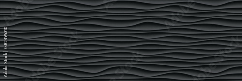 Black wave pattern background, seamless wave wall tile or panel, vector wavy line texture. Vector black ripple wave pattern wallpaper interior decoration or seamless 3d geometric tile