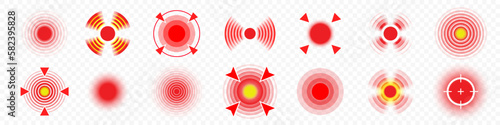 Pain target circle icons, joint, throat or body ache vector symbols. Paint or hurt red spots for neck acute pain, headache painkiller symbols photo