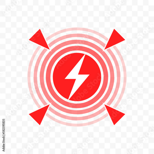 Acute joint pain or throat pain target red circle with vector thunder flash icon, pain localization spot of sore hurt and ache of toothache, stomach pain and headache
