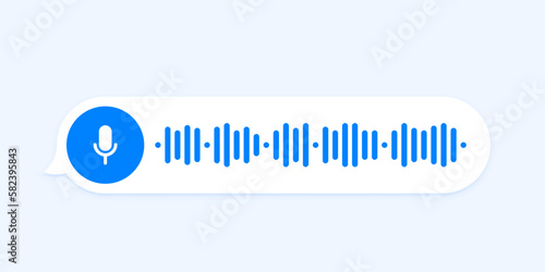 Voice message, audio chat interface and record play bubble, vector messenger playback. Voice message icon of microphone button and sound wave of recording listen