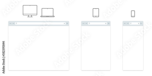 Internet browser window of computer laptop, mobile phone smartphone and tablet vector frames. Blank templates of website browser window interface with web address bar