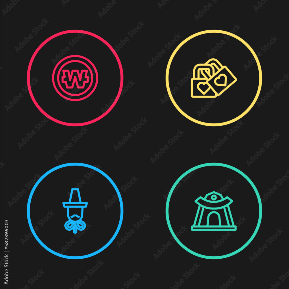 Set line Korean hat, temple, Lock with heart and South won coin icon. Vector Set line Korean hat, temple, Lock with heart and South won coin icon. Vector