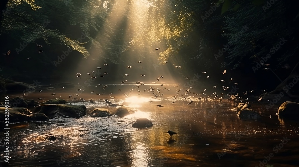 Bright_sunlight_and_flying_little_birds_leaking_through_stre_Generated with Midjourney AI Bright_sunlight_and_flying_little_birds_leaking_through_stre_Generated with Midjourney AI