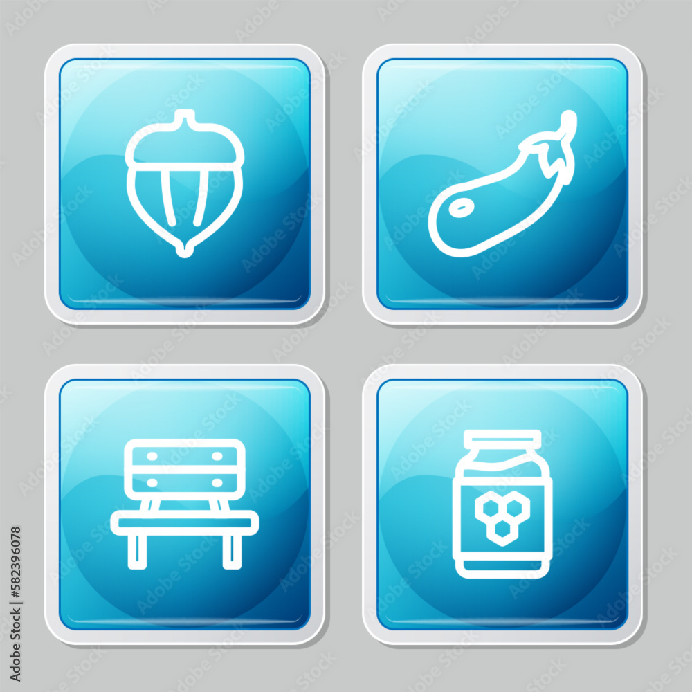 Set line Acorn, Eggplant, Bench and Jar of honey icon. Vector Set line Acorn, Eggplant, Bench and Jar of honey icon. Vector