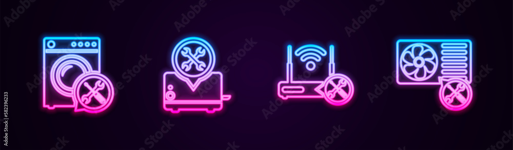 Set line Washer service, Toaster, Router wi-fi with and Air conditioner. Glowing neon icon. Vector Set line Washer service, Toaster, Router wi-fi with and Air conditioner. Glowing neon icon. Vector