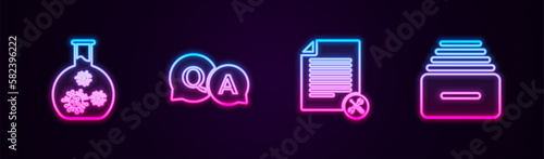 Set line Test tube with virus, Question and Answer, File document service and Drawer documents. Glowing neon icon. Vector