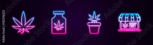 Set line Marijuana or cannabis leaf, Medical bottle with marijuana, plant in pot and Online buying. Glowing neon icon. Vector
